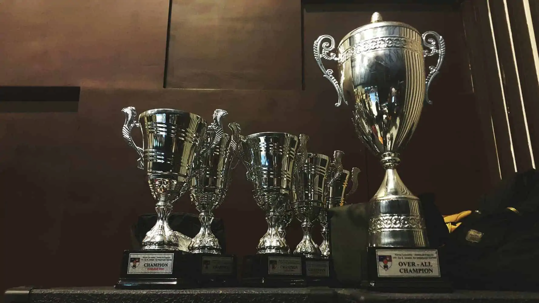collection of trophy awards on shelf featuring gold colored cups and dark wooden bases with plaques