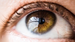 person's eye with brown colored iris
