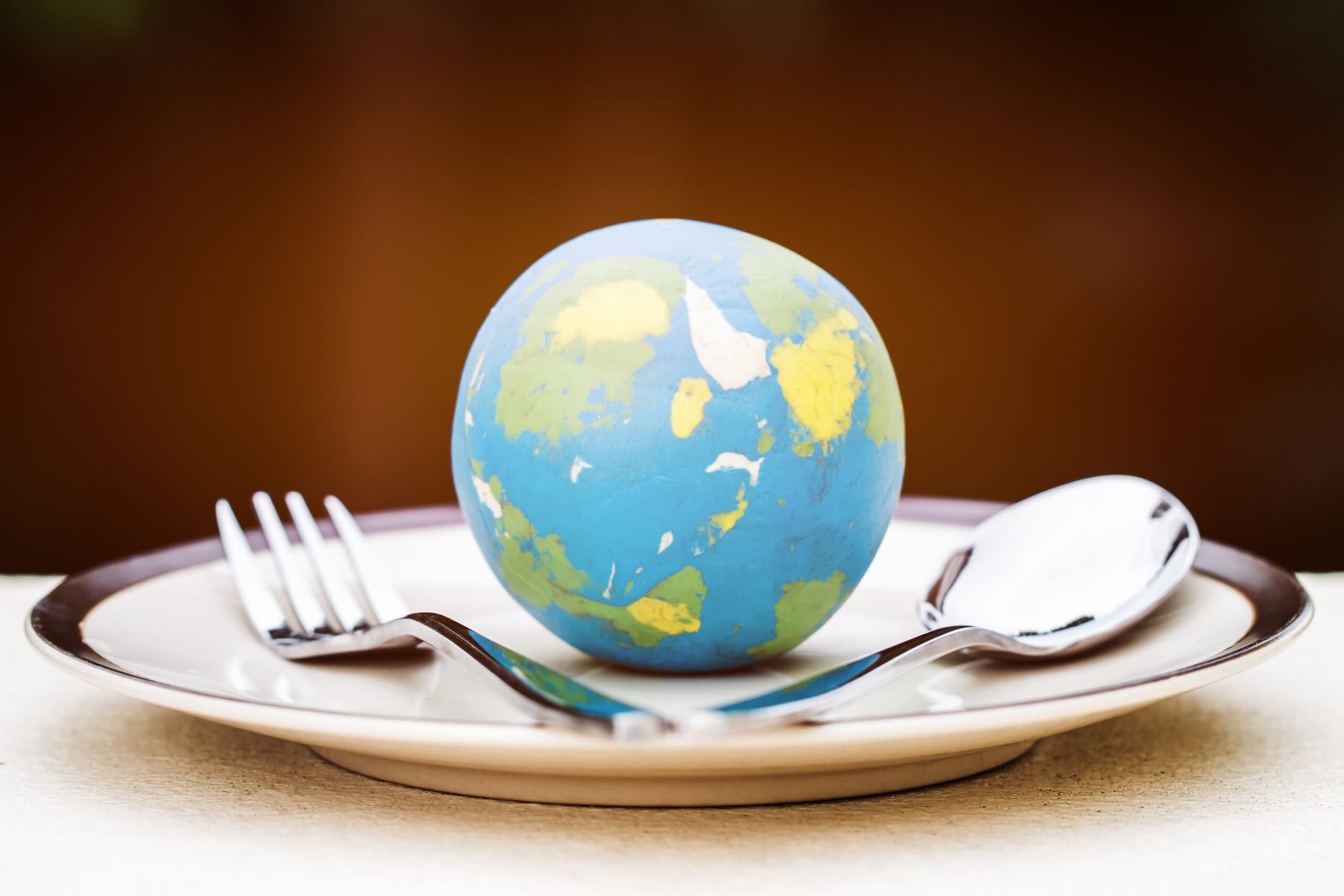 Globe,Model,Placed,On,Plate,With,Fork,Spoon,For,Serve